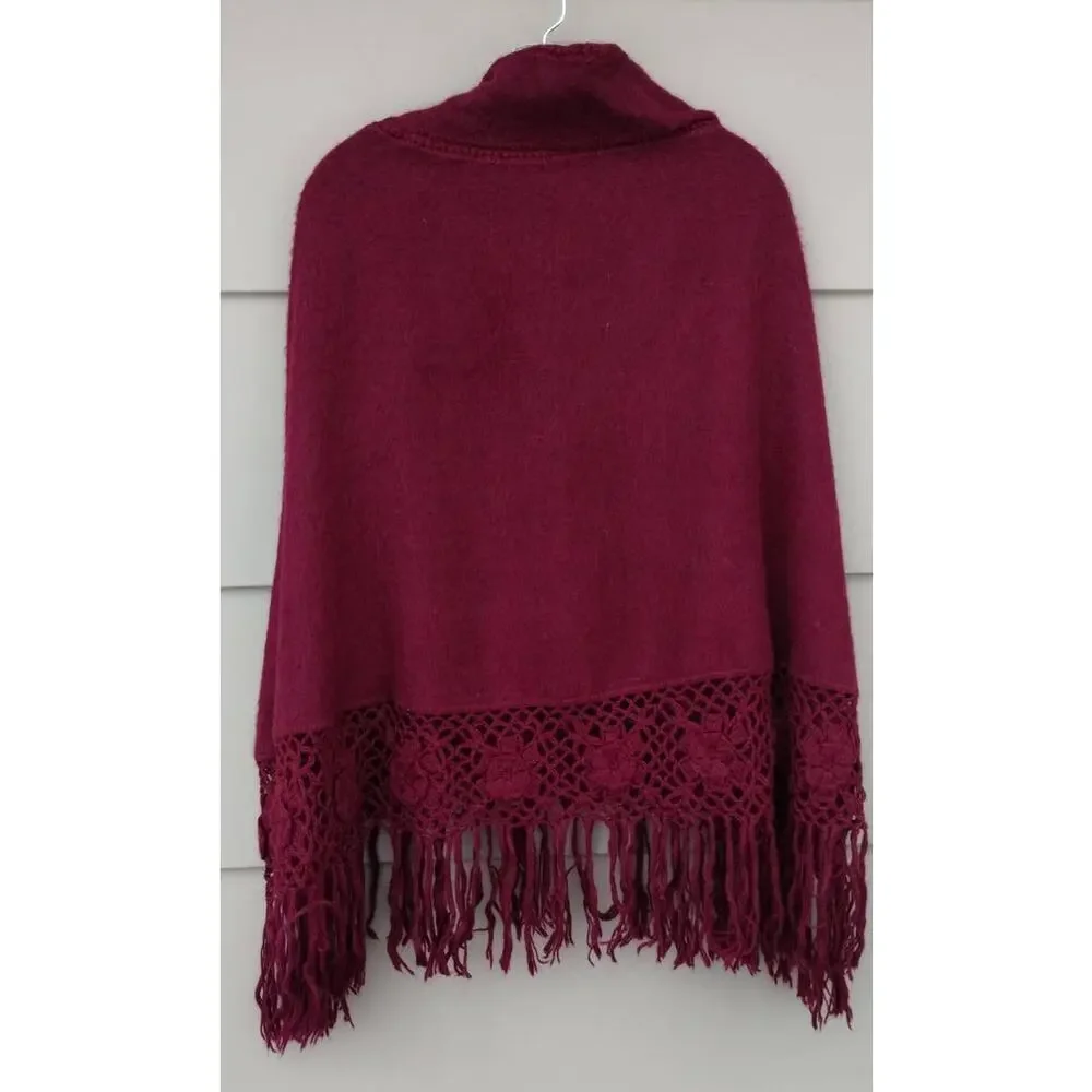 Alpaca Peru Diana Poncho Cloak Cape Crochet Fringe Brushed Rustic Burgundy O/S